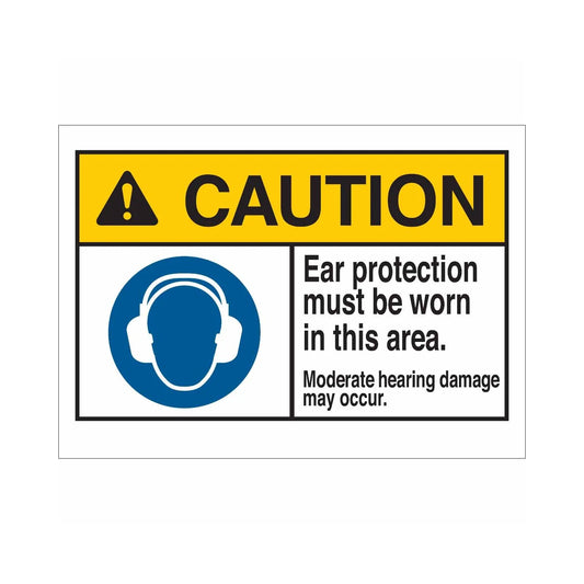 CAUTION Ear Protection Must Be Worn In This Area. Moderate Hearing Damage May Occur. Sign