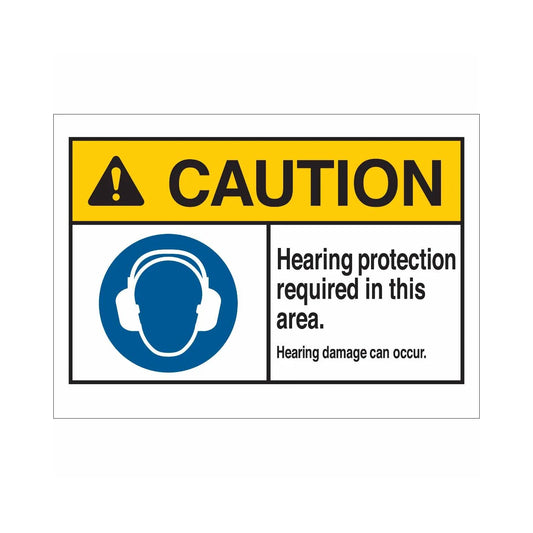 CAUTION Hearing Protection Required In This Area. Hearing Damage Can Occur. Sign
