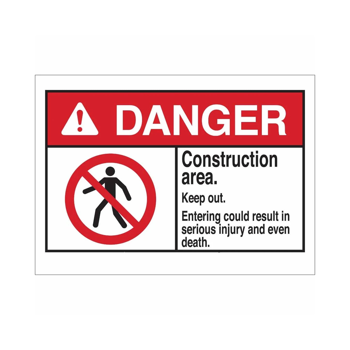 DANGER Construction Area. Keep Out. Entering Could Result In Serious Injury And Even Death. Sign
