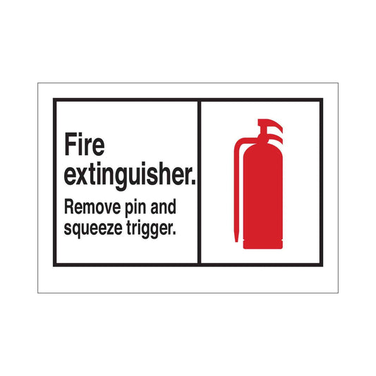 Fire Extinguisher. Remove Pin And Squeeze Trigger. Sign